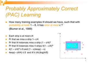  How many training examples N should we have, such that with
probability at least 1 ‒ δ, h has error at most ε ?
(Blumer et al., 1989)
 Each strip is at most ε/4
 Pr that we miss a strip 1‒ ε/4
 Pr that N instances miss a strip (1 ‒ ε/4)N
 Pr that N instances miss 4 strips 4(1 ‒ ε/4)N
 4(1 ‒ ε/4)N ≤ δ and (1 ‒ x)≤exp( ‒ x)
 4exp(‒ εN/4) ≤ δ and N ≥ (4/ε)log(4/δ)
Probably Approximately Correct
(PAC) Learning
 