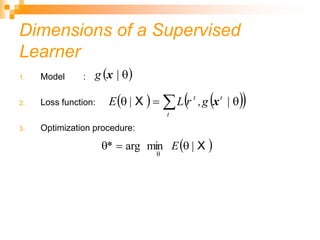 Dimensions of a Supervised
Learner
1. Model :
2. Loss function:
3. Optimization procedure:
 

|
x
g
   
 
 


t
t
t
g
,
r
L
E |
| x
X
 
X
|
min
arg 



E
*
 