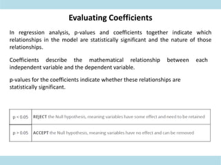 Evaluating Coefficients
In regression analysis, p-values and coefficients together indicate which
relationships in the model are statistically significant and the nature of those
relationships.
Coefficients describe the mathematical relationship between each
independent variable and the dependent variable.
p-values for the coefficients indicate whether these relationships are
statistically significant.
 