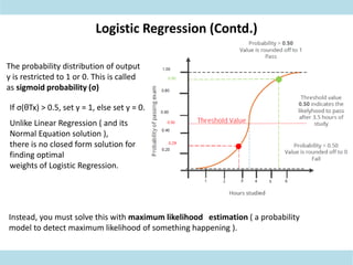Logistic Regression (Contd.)
The probability distribution of output
y is restricted to 1 or 0. This is called
as sigmoid probability (σ)
If σ(θTx) > 0.5, set y = 1, else set y = 0.
Unlike Linear Regression ( and its
Normal Equation solution ),
there is no closed form solution for
finding optimal
weights of Logistic Regression.
Instead, you must solve this with maximum likelihood estimation ( a probability
model to detect maximum likelihood of something happening ).
 