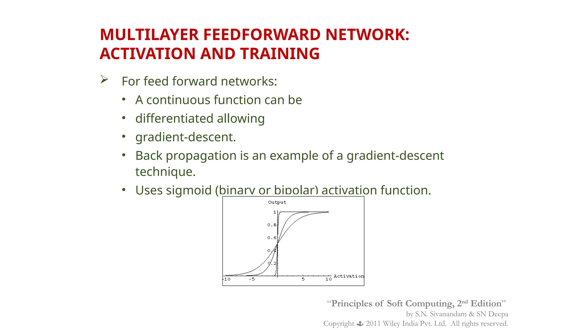 MULTILAYER FEEDFORWARD NETWORK:
ACTIVATION AND TRAINING
 For feed forward networks:
• A continuous function can be
• differentiated allowing
• gradient-descent.
• Back propagation is an example of a gradient-descent
technique.
• Uses sigmoid (binary or bipolar) activation function.
“Principles of Soft Computing, 2nd
Edition”
by S.N. Sivanandam & SN Deepa
Copyright  2011 Wiley India Pvt. Ltd. All rights reserved.
 