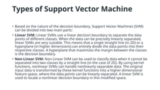 Types of Support Vector Machine
• Based on the nature of the decision boundary, Support Vector Machines (SVM)
can be divided into two main parts:
• Linear SVM: Linear SVMs use a linear decision boundary to separate the data
points of different classes. When the data can be precisely linearly separated,
linear SVMs are very suitable. This means that a single straight line (in 2D) or a
hyperplane (in higher dimensions) can entirely divide the data points into their
respective classes. A hyperplane that maximizes the margin between the classes
is the decision boundary.
• Non-Linear SVM: Non-Linear SVM can be used to classify data when it cannot be
separated into two classes by a straight line (in the case of 2D). By using kernel
functions, nonlinear SVMs can handle nonlinearly separable data. The original
input data is transformed by these kernel functions into a higher-dimensional
feature space, where the data points can be linearly separated. A linear SVM is
used to locate a nonlinear decision boundary in this modified space.
 