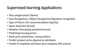 Supervised learning Applications
• Text categorization (News)
• Face Recognition / Object Recognition/Signature recognition
• Type of Music ( for recommendation-Spotify)
• Spam detection (Gmail)
• Weather forecasting (weatherForcast)
• Predicting housing prices
• Stock price predictions, among others
• Predict product price depend on attributes
• Predict if employee will leave your company (HR system)
 