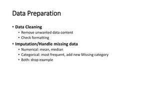 Data Preparation
• Data Cleaning
• Remove unwanted data content
• Check formatting
• Imputation/Handle missing data
• Numerical: mean, median
• Categorical: most frequent, add new Missing category
• Both: drop example
 