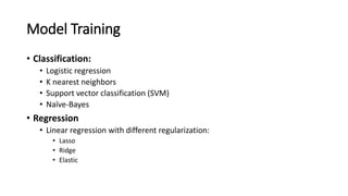 Model Training
• Classification:
• Logistic regression
• K nearest neighbors
• Support vector classification (SVM)
• Naïve-Bayes
• Regression
• Linear regression with different regularization:
• Lasso
• Ridge
• Elastic
 
