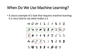 When Do We Use Machine Learning?
• A classic example of a task that requires machine learning:
It is very hard to say what makes a 2
 