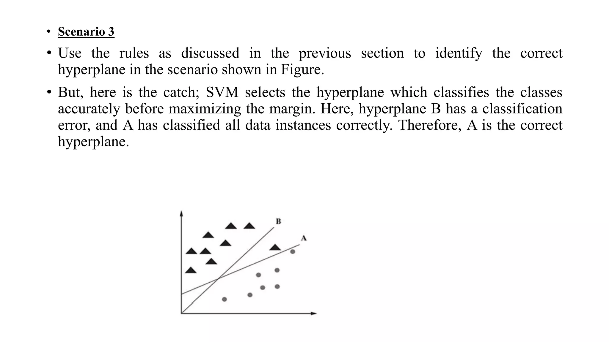 • Scenario 3
• Use the rules as discussed in the previous section to identify the correct
hyperplane in the scenario shown in Figure.
• But, here is the catch; SVM selects the hyperplane which classifies the classes
accurately before maximizing the margin. Here, hyperplane B has a classification
error, and A has classified all data instances correctly. Therefore, A is the correct
hyperplane.
 