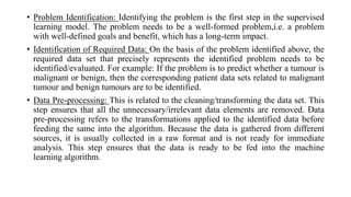 • Problem Identification: Identifying the problem is the first step in the supervised
learning model. The problem needs to be a well-formed problem,i.e. a problem
with well-defined goals and benefit, which has a long-term impact.
• Identification of Required Data: On the basis of the problem identified above, the
required data set that precisely represents the identified problem needs to be
identified/evaluated. For example: If the problem is to predict whether a tumour is
malignant or benign, then the corresponding patient data sets related to malignant
tumour and benign tumours are to be identified.
• Data Pre-processing: This is related to the cleaning/transforming the data set. This
step ensures that all the unnecessary/irrelevant data elements are removed. Data
pre-processing refers to the transformations applied to the identified data before
feeding the same into the algorithm. Because the data is gathered from different
sources, it is usually collected in a raw format and is not ready for immediate
analysis. This step ensures that the data is ready to be fed into the machine
learning algorithm.
 