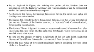 • So, as depicted in Figure, the training data points of the Student data set
considering only the features ‘Aptitude’ and ‘Communication’ can be represented
as dots in a two dimensional feature space.
• As shown in the figure, the training data points having the same class value are
coming close to each other.
• The reason for considering two-dimensional data space is that we are considering
just the two features of the Student data set, i.e. ‘Aptitude’ and ‘Communication’,
for doing the classification.
• The feature ‘Name’ is ignored because, as we can understand, it has no role to play
in deciding the class value. The test data point for student Josh is represented as an
asterisk in the same space.
• To find out the closest or nearest neighbours of the test data point, Euclidean
distance of the different dots need to be calculated from the asterisk.
• Then, the class value of the closest neighbours helps in assigning the class value
of the test data element.
 