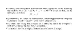 • Extending this concept to an N-dimensional space, hyperplane can be defined by
the equation: c0+ c1 X1 + c2 X2 + … + cN XN = 0 which, in short, can be
represented as follows:
• Spontaneously, the further (or more distance) from the hyperplane the data points
lie, the more confident we can be about correct categorization.
• So, when a new testing data point/data set is added, the side of the hyperplane it
lands on will decide the class that we assign to it.
• The distance between hyperplane and data points is known as margin.
 
