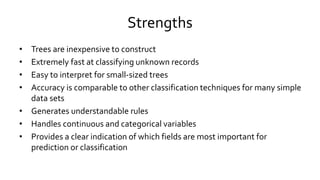 Strengths
• Trees are inexpensive to construct
• Extremely fast at classifying unknown records
• Easy to interpret for small-sized trees
• Accuracy is comparable to other classification techniques for many simple
data sets
• Generates understandable rules
• Handles continuous and categorical variables
• Provides a clear indication of which fields are most important for
prediction or classification
 