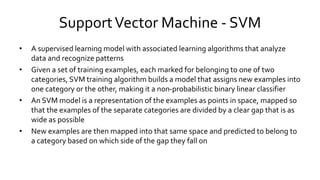 SupportVector Machine - SVM
• A supervised learning model with associated learning algorithms that analyze
data and recognize patterns
• Given a set of training examples, each marked for belonging to one of two
categories, SVM training algorithm builds a model that assigns new examples into
one category or the other, making it a non-probabilistic binary linear classifier
• An SVM model is a representation of the examples as points in space, mapped so
that the examples of the separate categories are divided by a clear gap that is as
wide as possible
• New examples are then mapped into that same space and predicted to belong to
a category based on which side of the gap they fall on
 