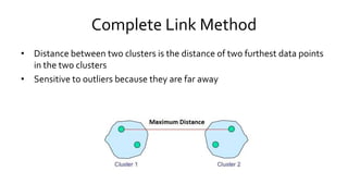 Complete Link Method
• Distance between two clusters is the distance of two furthest data points
in the two clusters
• Sensitive to outliers because they are far away
 