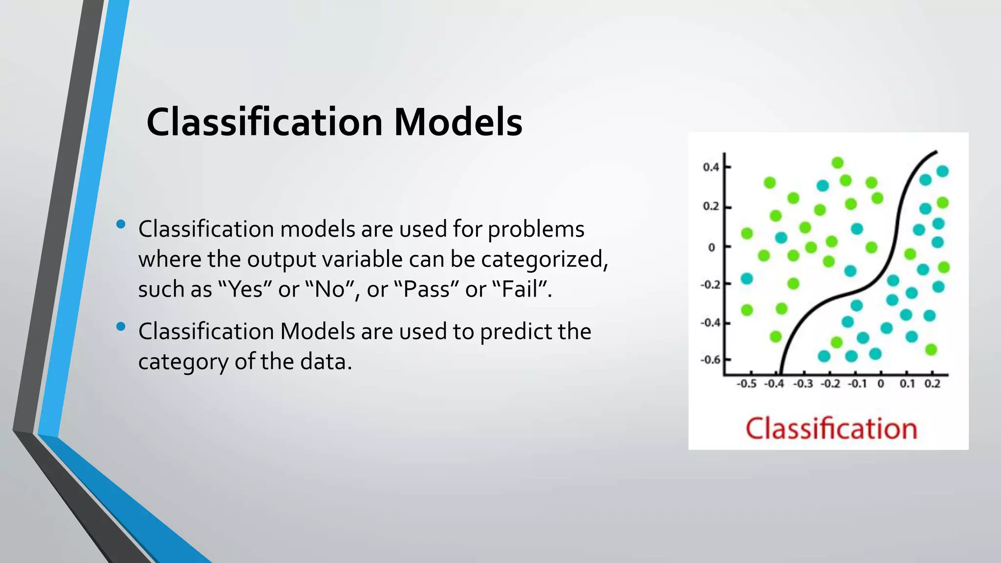 Classification Models
• Classification models are used for problems
where the output variable can be categorized,
such as “Yes” or “No”, or “Pass” or “Fail”.
• Classification Models are used to predict the
category of the data.
 