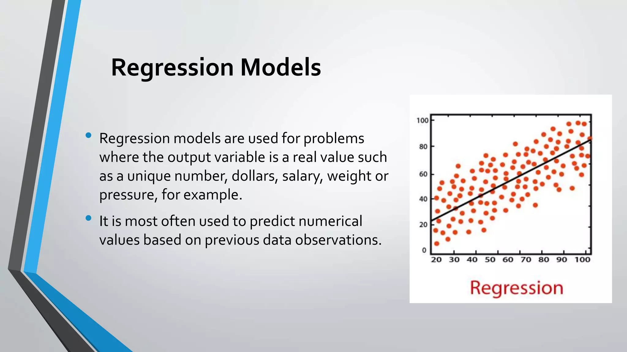 Regression Models
• Regression models are used for problems
where the output variable is a real value such
as a unique number, dollars, salary, weight or
pressure, for example.
• It is most often used to predict numerical
values based on previous data observations.
 