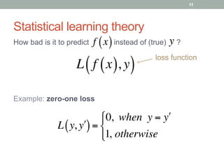11
loss function
Statistical learning theory
How bad is it to predict instead of (true) ?f x( ) y
L f x( ), y( )
L y, !y( )=
0, when y = !y
1, otherwise
"
#
$
Example: zero-one loss
 