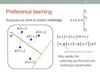 Preference learning
Suppose we want to predict rankings: x ! y =
v1
v2
"
vk
x,vi( )≻ x,vj( )⇔ i < j
19
joint features of x and v
w
ϕ x,v1( )
ϕ x,v2( )
ϕ x,v3( )
ϕ x,v4( )
ϕ x,v5( )
Also works for:
•  selecting just the best one
•  multiclass classification
w,ϕ x,v( )−ϕ x, "v( ) ≥1
 