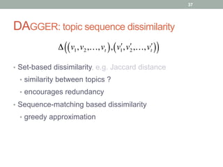 DAGGER: topic sequence dissimilarity
•  Set-based dissimilarity, e.g. Jaccard distance
•  similarity between topics ?
•  encourages redundancy
•  Sequence-matching based dissimilarity
•  greedy approximation
37
Δ v1,v2,…,vt( ), !v1, !v2,…, !vt( )( )
 