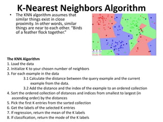 K-Nearest Neighbors Algorithm
• The KNN algorithm assumes that
similar things exist in close
proximity. In other words, similar
things are near to each other. “Birds
of a feather flock together.”
The KNN Algorithm
1. Load the data
2. Initialize K to your chosen number of neighbors
3. For each example in the data
3.1 Calculate the distance between the query example and the current
example from the data.
3.2 Add the distance and the index of the example to an ordered collection
4. Sort the ordered collection of distances and indices from smallest to largest (in
ascending order) by the distances
5. Pick the first K entries from the sorted collection
6. Get the labels of the selected K entries
7. If regression, return the mean of the K labels
8. If classification, return the mode of the K labels
 