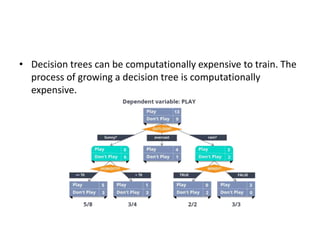 • Decision trees can be computationally expensive to train. The
process of growing a decision tree is computationally
expensive.
 