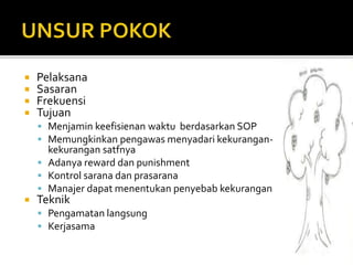  Pelaksana 
 Sasaran 
 Frekuensi 
 Tujuan 
 Menjamin keefisienan waktu berdasarkan SOP 
 Memungkinkan pengawas menyadari kekurangan-kekurangan 
satfnya 
 Adanya reward dan punishment 
 Kontrol sarana dan prasarana 
 Manajer dapat menentukan penyebab kekurangan 
 Teknik 
 Pengamatan langsung 
 Kerjasama 
 