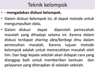 Teknik kelompok
• - mengadakan diskusi kelompok.
• Dalam diskusi kelompok ini, di dapat metode untuk
mengumpulkan data,
• Dalam diskusi dapat diperoleh pemecahah
masalah yang dihadapi selama ini. Karena dalam
diskusi terdapat sharing idea/berbagi ilmu dalam
pemecahan masalah, Karena tujuan metode
kelompok adalah untuk memecahkan masalah oleh
tim. Dan bagi kepala sekolah akan didapat cara yang
dianggap baik untuk memberikan bantuan dan
pelayanan yang diterapkan di sekolah-sekolah.
 