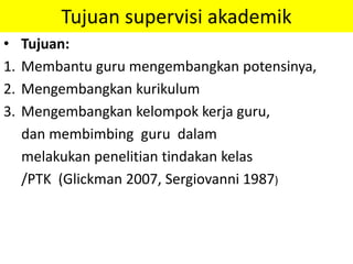 Tujuan supervisi akademik
• Tujuan:
1. Membantu guru mengembangkan potensinya,
2. Mengembangkan kurikulum
3. Mengembangkan kelompok kerja guru,
dan membimbing guru dalam
melakukan penelitian tindakan kelas
/PTK (Glickman 2007, Sergiovanni 1987)
 