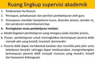 Ruang lingkup supervisi akademik
1. Pelaksanaan Kurikulum
2. Persiapan, pelwksanaan dan penilian pembelejaran oleh guru
3. Pencapaian stanbdar kompetensi luusn, dstandar proses, standar isi,
dan peraturan oelamnksanannnya
4. Peningkatan mutu pembeljaran melalui:
a. Model kegiatan pembelajaran yang mengacu pada standar proses,
b. Proses pembelajaran untuk meningkatkan kemampuan peserta didik
menadi sdm yang kreatif, inovetaif, danmandiri
c. Peserta didik dapat membentuk karakter dan memiliki pola pikir serta
kebebasan berpikir sehingga dapat melaksanakan, mengembangkan
kemampuan peserta didik menjadi manusia yang mandiri, kreatif
dan beawasan kebangsaan
 