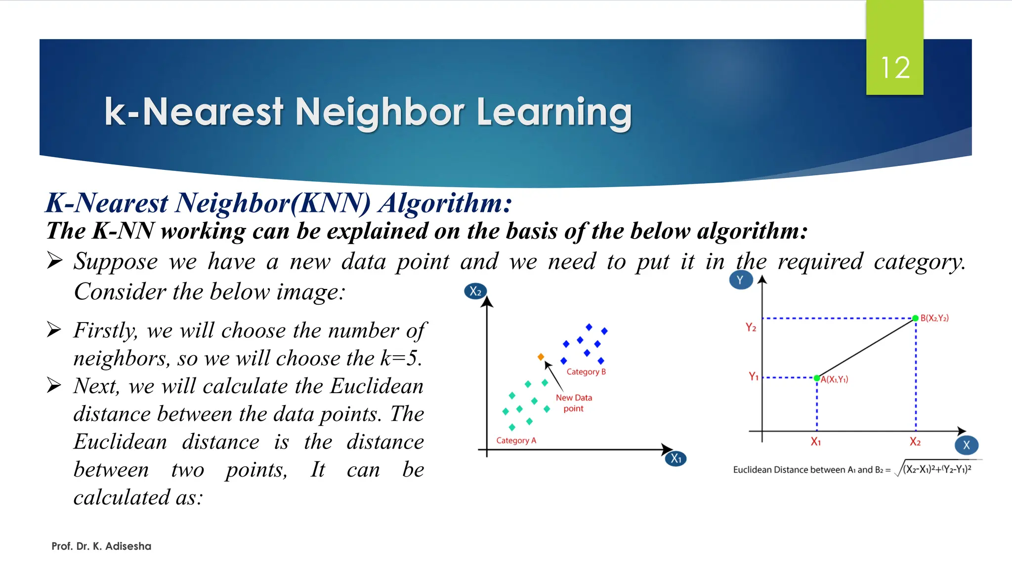 k-Nearest Neighbor Learning
12
K-Nearest Neighbor(KNN) Algorithm:
The K-NN working can be explained on the basis of the below algorithm:
➢ Suppose we have a new data point and we need to put it in the required category.
Consider the below image:
Prof. Dr. K. Adisesha
➢ Firstly, we will choose the number of
neighbors, so we will choose the k=5.
➢ Next, we will calculate the Euclidean
distance between the data points. The
Euclidean distance is the distance
between two points, It can be
calculated as:
 