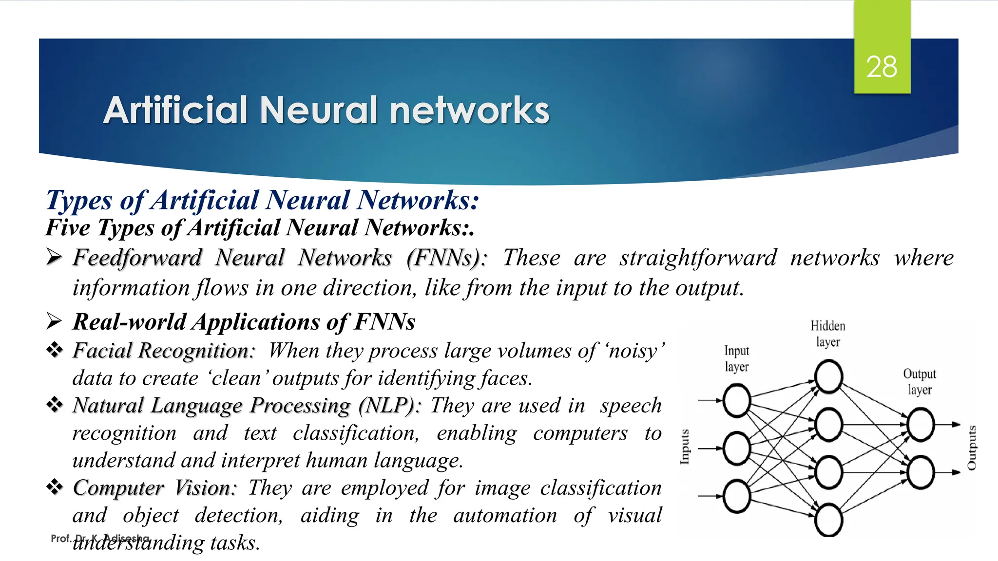 Artificial Neural networks
28
Types of Artificial Neural Networks:
Five Types of Artificial Neural Networks:.
➢ Feedforward Neural Networks (FNNs): These are straightforward networks where
information flows in one direction, like from the input to the output.
Prof. Dr. K. Adisesha
➢ Real-world Applications of FNNs
❖ Facial Recognition: When they process large volumes of ‘noisy’
data to create ‘clean’outputs for identifying faces.
❖ Natural Language Processing (NLP): They are used in speech
recognition and text classification, enabling computers to
understand and interpret human language.
❖ Computer Vision: They are employed for image classification
and object detection, aiding in the automation of visual
understanding tasks.
 