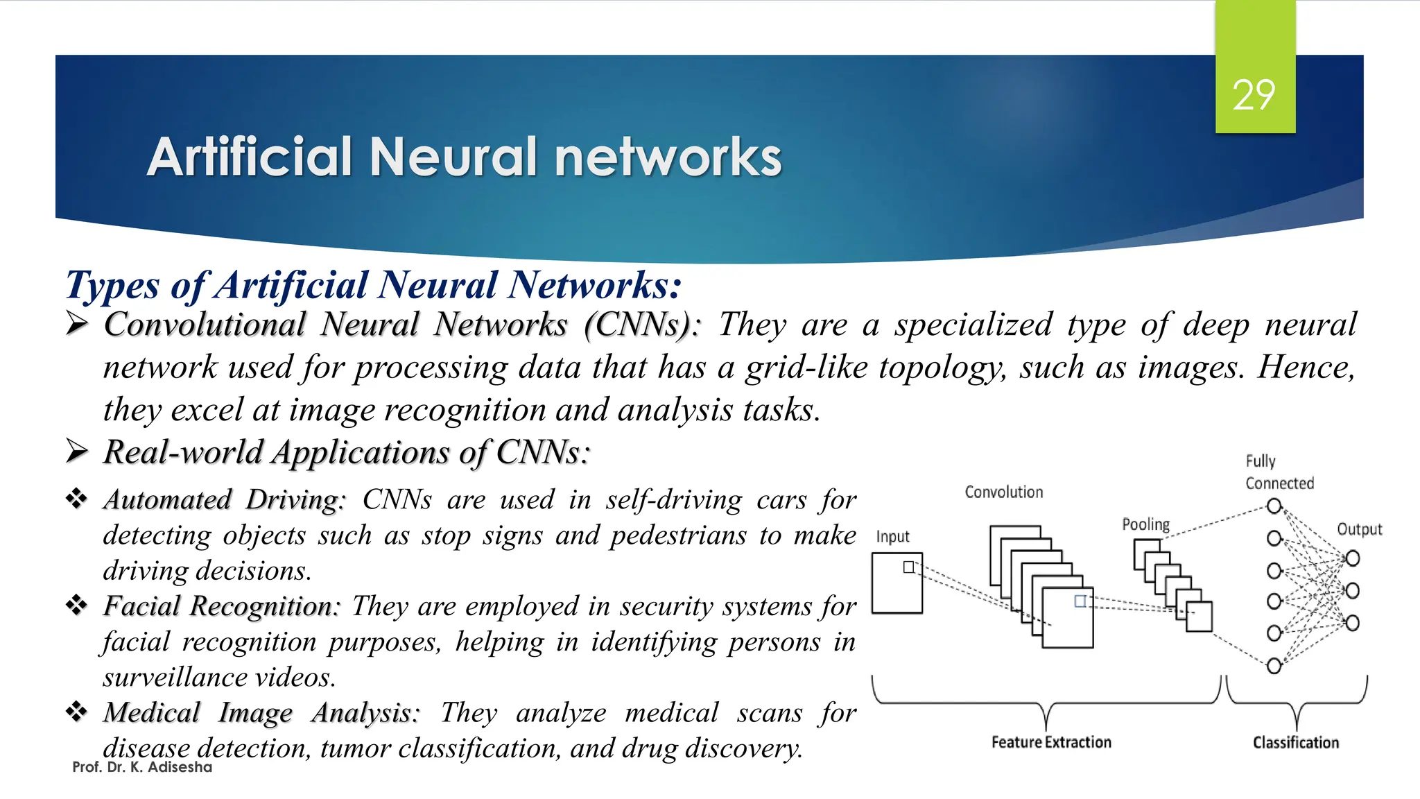 Artificial Neural networks
29
Types of Artificial Neural Networks:
➢ Convolutional Neural Networks (CNNs): They are a specialized type of deep neural
network used for processing data that has a grid-like topology, such as images. Hence,
they excel at image recognition and analysis tasks.
➢ Real-world Applications of CNNs:
Prof. Dr. K. Adisesha
❖ Automated Driving: CNNs are used in self-driving cars for
detecting objects such as stop signs and pedestrians to make
driving decisions.
❖ Facial Recognition: They are employed in security systems for
facial recognition purposes, helping in identifying persons in
surveillance videos.
❖ Medical Image Analysis: They analyze medical scans for
disease detection, tumor classification, and drug discovery.
 