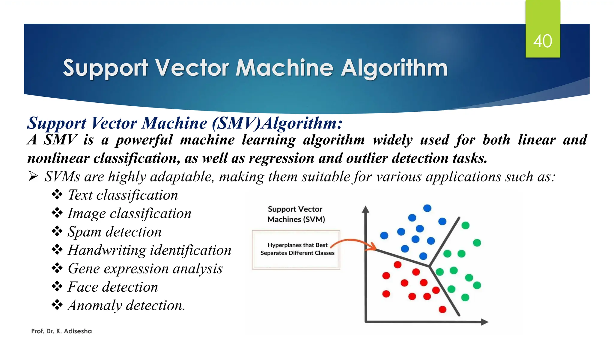 Support Vector Machine Algorithm
40
Support Vector Machine (SMV)Algorithm:
A SMV is a powerful machine learning algorithm widely used for both linear and
nonlinear classification, as well as regression and outlier detection tasks.
➢ SVMs are highly adaptable, making them suitable for various applications such as:
❖ Text classification
❖ Image classification
❖ Spam detection
❖ Handwriting identification
❖ Gene expression analysis
❖ Face detection
❖ Anomaly detection.
Prof. Dr. K. Adisesha
 