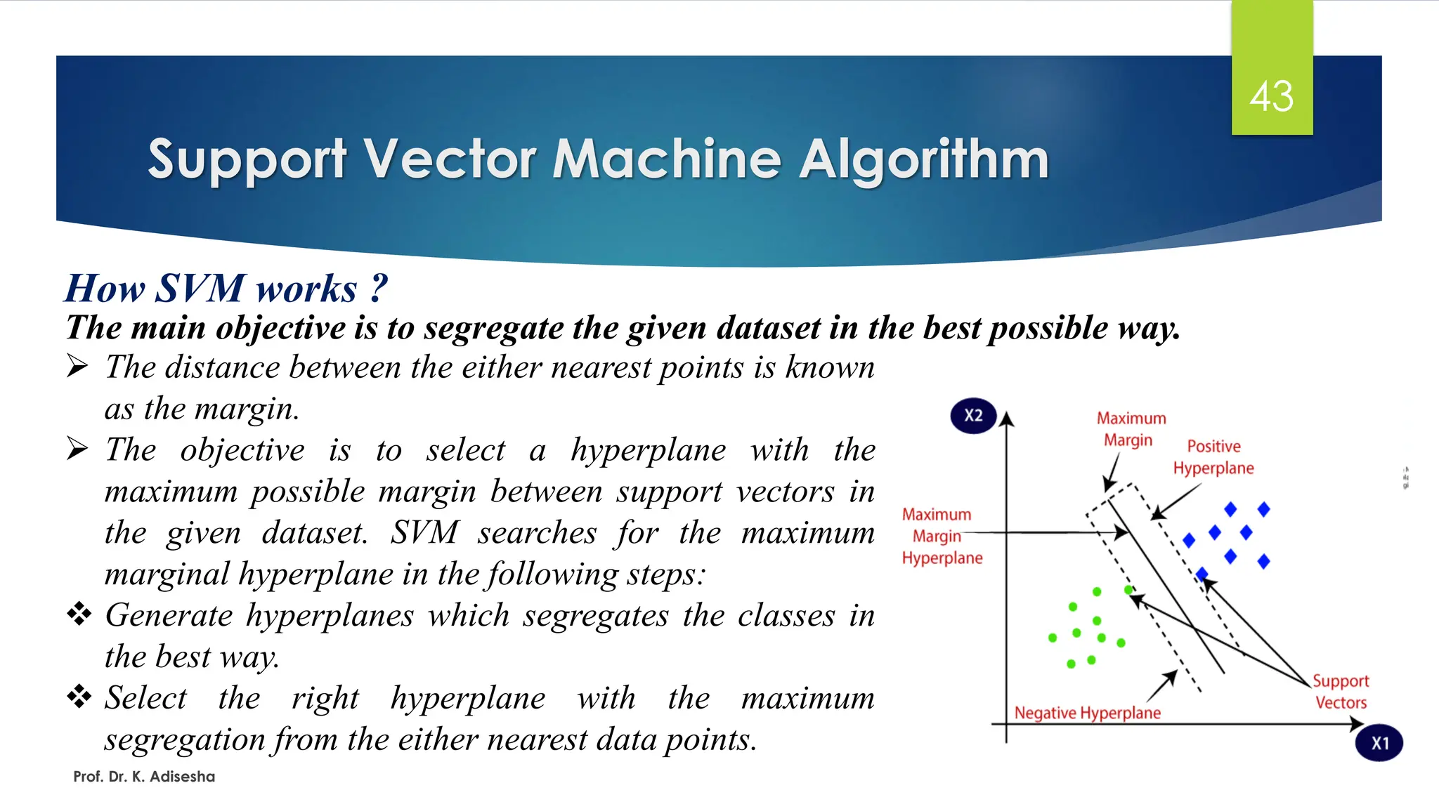Support Vector Machine Algorithm
43
How SVM works ?
The main objective is to segregate the given dataset in the best possible way.
Prof. Dr. K. Adisesha
➢ The distance between the either nearest points is known
as the margin.
➢ The objective is to select a hyperplane with the
maximum possible margin between support vectors in
the given dataset. SVM searches for the maximum
marginal hyperplane in the following steps:
❖ Generate hyperplanes which segregates the classes in
the best way.
❖ Select the right hyperplane with the maximum
segregation from the either nearest data points.
 