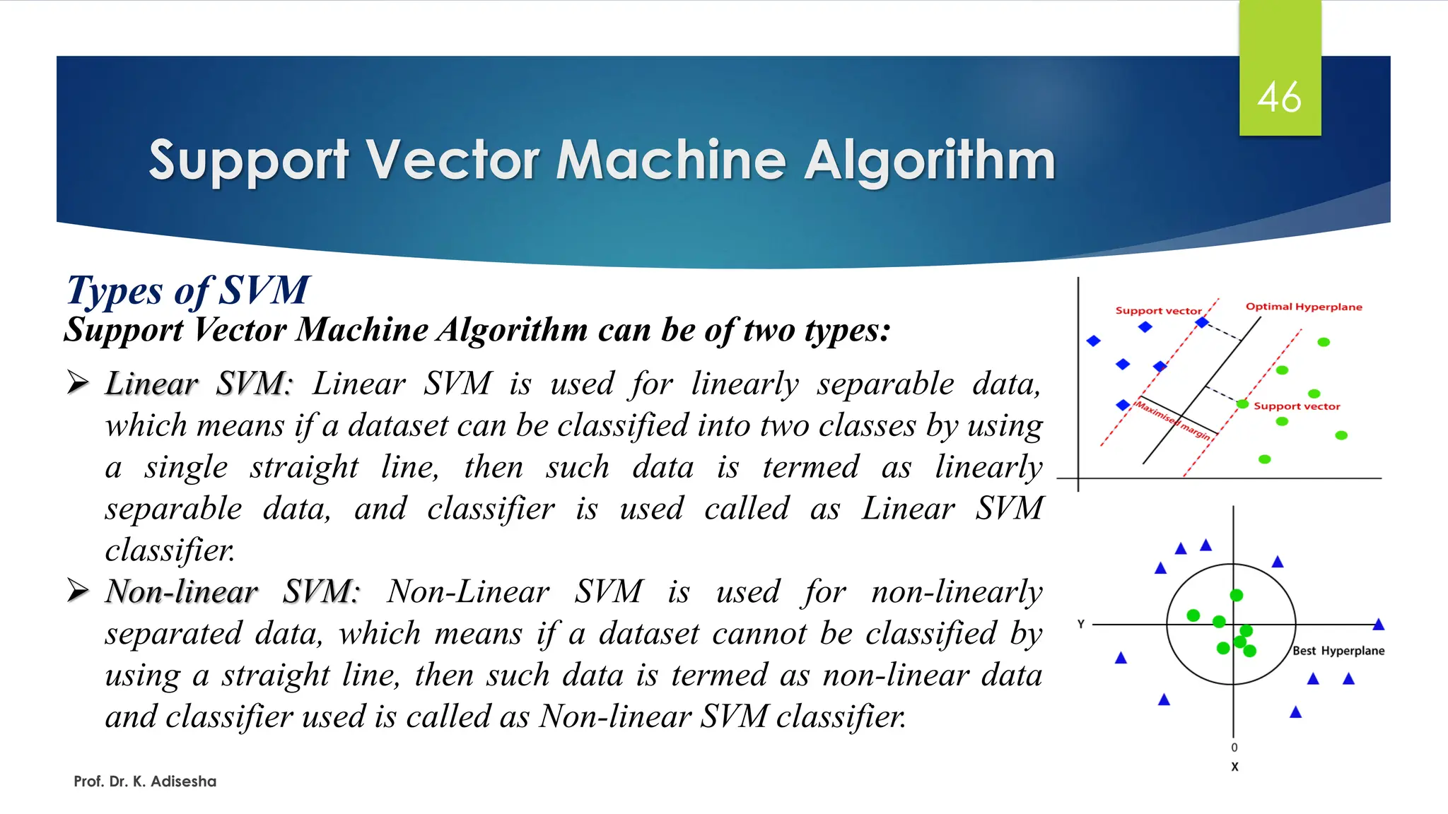 Support Vector Machine Algorithm
46
Types of SVM
Support Vector Machine Algorithm can be of two types:
Prof. Dr. K. Adisesha
➢ Linear SVM: Linear SVM is used for linearly separable data,
which means if a dataset can be classified into two classes by using
a single straight line, then such data is termed as linearly
separable data, and classifier is used called as Linear SVM
classifier.
➢ Non-linear SVM: Non-Linear SVM is used for non-linearly
separated data, which means if a dataset cannot be classified by
using a straight line, then such data is termed as non-linear data
and classifier used is called as Non-linear SVM classifier.
 