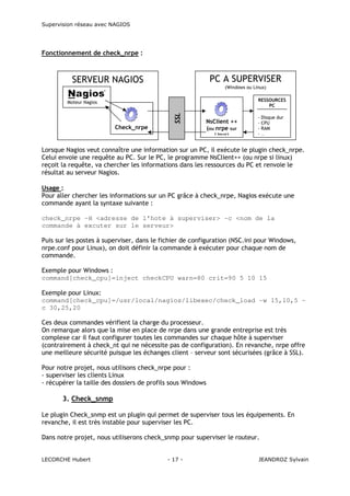 Supervision réseau avec NAGIOS

Fonctionnement de check_nrpe :

PC A SUPERVISER

SERVEUR NAGIOS

(Windows ou Linux)
RESSOURCES
PC

SSL

Moteur Nagios

Check_nrpe

NsClient ++
(ou nrpe sur
Linux)

-

Disque dur
CPU
RAM
…

Lorsque Nagios veut connaître une information sur un PC, il exécute le plugin check_nrpe.
Celui envoie une requête au PC. Sur le PC, le programme NsClient++ (ou nrpe si linux)
reçoit la requête, va chercher les informations dans les ressources du PC et renvoie le
résultat au serveur Nagios.
Usage :
Pour aller chercher les informations sur un PC grâce à check_nrpe, Nagios exécute une
commande ayant la syntaxe suivante :
check_nrpe -H <adresse de l'hote à superviser> -c <nom de la
commande à excuter sur le serveur>
Puis sur les postes à superviser, dans le fichier de configuration (NSC.ini pour Windows,
nrpe.conf pour Linux), on doit définir la commande à exécuter pour chaque nom de
commande.
Exemple pour Windows :
command[check_cpu]=inject checkCPU warn=80 crit=90 5 10 15
Exemple pour Linux:
command[check_cpu]=/usr/local/nagios/libexec/check_load -w 15,10,5 c 30,25,20
Ces deux commandes vérifient la charge du processeur.
On remarque alors que la mise en place de nrpe dans une grande entreprise est très
complexe car il faut configurer toutes les commandes sur chaque hôte à superviser
(contrairement à check_nt qui ne nécessite pas de configuration). En revanche, nrpe offre
une meilleure sécurité puisque les échanges client – serveur sont sécurisées (grâce à SSL).
Pour notre projet, nous utilisons check_nrpe pour :
- superviser les clients Linux
- récupérer la taille des dossiers de profils sous Windows

3. Check_snmp
Le plugin Check_snmp est un plugin qui permet de superviser tous les équipements. En
revanche, il est très instable pour superviser les PC.
Dans notre projet, nous utiliserons check_snmp pour superviser le routeur.

LECORCHE Hubert

- 17 -

JEANDROZ Sylvain

 