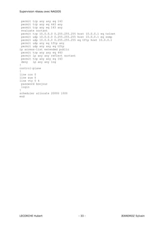 Supervision réseau avec NAGIOS

permit tcp any any eq 143
permit tcp any eq 443 any
permit tcp any eq 143 any
evaluate sortant
permit tcp 10.0.0.0 0.255.255.255 host 10.0.0.1 eq telnet
permit udp 10.0.0.0 0.255.255.255 host 10.0.0.1 eq snmp
permit udp 10.0.0.0 0.255.255.255 eq tftp host 10.0.0.1
permit udp any eq tftp any
permit udp any any eq tftp
ip access-list extended public
permit tcp any any eq 443
permit ip any any reflect sortant
permit tcp any any eq 143
deny
ip any any log
!
control-plane
!
line con 0
line aux 0
line vty 0 4
password bonjour
login
!
scheduler allocate 20000 1000
end

LECORCHE Hubert

- 33 -

JEANDROZ Sylvain

 