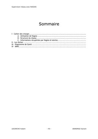 Supervision réseau avec NAGIOS

Sommaire
I – Cahier des charges ....................................................................................
A – Utilisation de Nagios ........................................................................
B – Structure du réseau .........................................................................
C – Informations récupérées par Nagios et alertes..........................................
II – Les tâches .............................................................................................
III – Diagramme de Gantt ................................................................................
IV – MPM ....................................................................................................

LECORCHE Hubert

- 45 -

JEANDROZ Sylvain

 