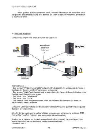 Supervision réseau avec NAGIOS

-Alors que lors du fonctionnement passif, l'envoi d'information est planifié en local
(soi planifié à l'avance selon une date donnée, soi selon un certain événement produit sur
la machine cliente)

B – Structure du réseau
Le réseau sur lequel nous allons travailler sera celui-ci:

Vers réseau
extérieur
(Internet)
Serveur Nagios
Serveur 2003 Server

Routeur Cisco

Poste Client
Windows XP

Poste Client
Linux

Il sera composé :
- D'un serveur "Windows Server 2003" qui permettra la gestion des utilisateurs du réseau :
Stockage des données et identifications des utilisateurs
- D'un serveur "Nagios" qui s'occupera de la supervision du réseau, de la centralisation et de
l'analyse des informations du réseau
- D'un poste client "Windows XP"
- D'un poste client "Linux"
- D'un routeur "Cisco" qui permettra de relier les différents équipements du réseau et
d'être relié au réseau extérieur
Le routeur CISCO devra faire une translation d'adresse (NAT) pour que notre réseau puisse
dialoguer avec l'extérieur.
Afin d'éviter de configurer le routeur chaque semaine, nous utiliserons le protocole TFTP
(Trivial File Transfert Protocol) pour sauvegarder sa configuration.
De plus, sur le routeur, un firewall sera configuré grâce à des ACL (Access Control List)
permettant l'autorisation ou le refus de certaines connections.
Le firewall devra:
LECORCHE Hubert

- 48 -

JEANDROZ Sylvain

 