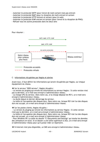 Supervision réseau avec NAGIOS

-

Autoriser le protocole SMTP (pour l'envoi de mail) sortant mais pas entrant
Autoriser le protocole IMAP (pour la réception de mail) entrant et sortant
Autoriser le protocole HTTP entrant et sortant (pour le web)
Autoriser le protocole ICMP entrant et sortant (pour l'envoi et la réception de PING)
Refuser tous les autres protocoles dans les deux sens

Pour résumer :
SMTP, IMAP, HTTP, ICMP

IMAP, HTTP, ICMP

Les autres protocoles

Notre réseau
(Voir schéma
plus haut)

Routeur CISCO

Réseau extérieur

Protocoles acceptés
Protocoles refusés

C – Informations récupérées par Nagios et alertes
Avant tout, il faut définir les informations qui seront récupérées par Nagios, sur chaque
équipement du réseau.
Sur le serveur "2003 serveur", Nagios récupéra :
- La version du pluging qui envoie les informations au serveur Nagios : Si cette version n'est
pas la dernière, un e-mail sera envoyé à l'administrateur réseau.
- La charge CPU du serveur. Dans notre cas, si la charge dépasse les 90 %, un e-mail sera
envoyé à l'administrateur réseau.
- La durée depuis le dernier démarrage du serveur.
- La taille et l'occupation des disques durs. Dans notre cas, lorsque 90 % de l'un des disques
durs est occupé, un e-mail sera envoyé à l'administrateur réseau.
Sur les postes clients, Nagios récupéra :
- La version du pluging qui envoie les informations au serveur Nagios : Si cette version
n'est pas la dernière, un e-mail sera envoyé à l'administrateur réseau.
- La taille et l'occupation des disques durs. Dans notre cas, lorsque 90 % de l'un des disques
durs est occupé, un e-mail sera envoyé à l'administrateur réseau.
- Pour Windows XP: La taille du dossier "C:Documents and Settings" qui stocke les données
des utilisateurs en local. Si ce dossier a une taille supérieure à 2Go, un e-mail sera envoyé
à l'administrateur réseau pour qu'il puisse vider ce répertoire.
Si Internet n'est plus disponible, un SMS sera envoyé à l'administrateur réseau.
LECORCHE Hubert

- 49 -

JEANDROZ Sylvain

 