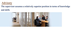 Advisory
The supervisor assumes a relatively superior position in terms of knowledge
and skills
 