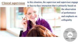 Clinical supervision in this situation, the supervisor and supervisee engage
in face-to-face interaction that is primarily based on
the observation
of performance
and emphasis on
collegiality
 