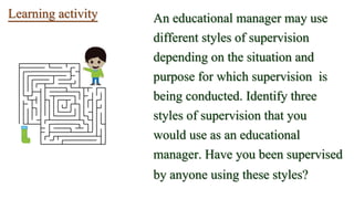 Learning activity An educational manager may use
different styles of supervision
depending on the situation and
purpose for which supervision is
being conducted. Identify three
styles of supervision that you
would use as an educational
manager. Have you been supervised
by anyone using these styles?
 