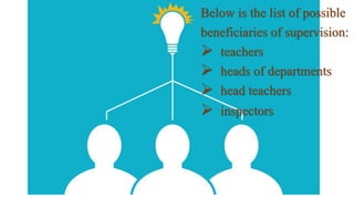 Below is the list of possible
beneficiaries of supervision:
 teachers
 heads of departments
 head teachers
 inspectors
 