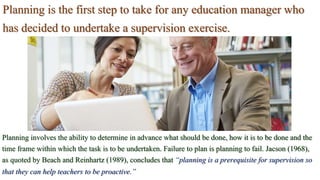 Planning is the first step to take for any education manager who
has decided to undertake a supervision exercise.
Planning involves the ability to determine in advance what should be done, how it is to be done and the
time frame within which the task is to be undertaken. Failure to plan is planning to fail. Jacson (1968),
as quoted by Beach and Reinhartz (1989), concludes that “planning is a prerequisite for supervision so
that they can help teachers to be proactive.”
 