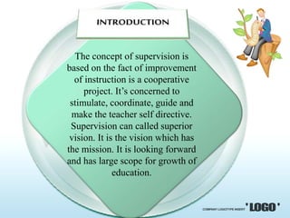 The concept of supervision is
based on the fact of improvement
of instruction is a cooperative
project. It’s concerned to
stimulate, coordinate, guide and
make the teacher self directive.
Supervision can called superior
vision. It is the vision which has
the mission. It is looking forward
and has large scope for growth of
education.
 
