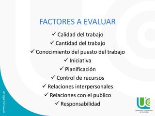 FACTORES A EVALUAR
 Calidad del trabajo
 Cantidad del trabajo
 Conocimiento del puesto del trabajo
 Iniciativa
 Planificación
 Control de recursos
 Relaciones interpersonales
 Relaciones con el publico
 Responsabilidad
 