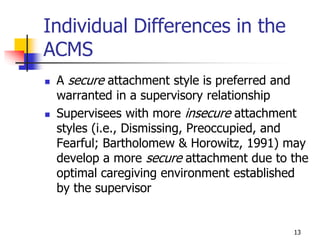 13
Individual Differences in the
ACMS
 A secure attachment style is preferred and
warranted in a supervisory relationship
 Supervisees with more insecure attachment
styles (i.e., Dismissing, Preoccupied, and
Fearful; Bartholomew & Horowitz, 1991) may
develop a more secure attachment due to the
optimal caregiving environment established
by the supervisor
 