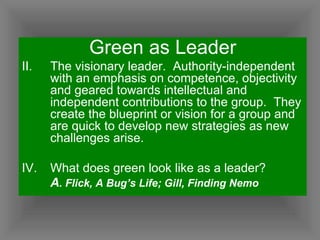 Green as Leader The visionary leader.  Authority-independent with an emphasis on competence, objectivity and geared towards intellectual and independent contributions to the group.  They create the blueprint or vision for a group and are quick to develop new strategies as new challenges arise. What does green look like as a leader? A . Flick, A Bug’s Life; Gill, Finding Nemo 