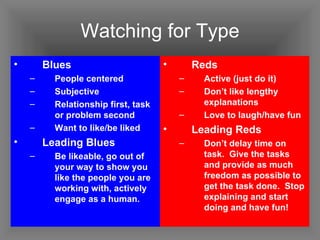 Watching for Type Blues People centered Subjective Relationship first, task or problem second Want to like/be liked Leading Blues Be likeable, go out of your way to show you like the people you are working with, actively engage as a human. Reds Active (just do it) Don’t like lengthy explanations Love to laugh/have fun Leading Reds Don’t delay time on task.  Give the tasks and provide as much freedom as possible to get the task done.  Stop explaining and start doing and have fun! 