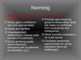 Norming What does this look like in ORL? Group gains confidence and acts appropriately Goals are clarified Interdependent relationships (cliques exist but are not polarized) Group achieves goals more effectively (programs are co-planned successfully, e.g.) What do we do? Provide open times for group to share ideas (they are ready to contribute from experience and intelligence) Work towards consensus on most issues Facilitate leadership opportunities for group members (find new challenges) 